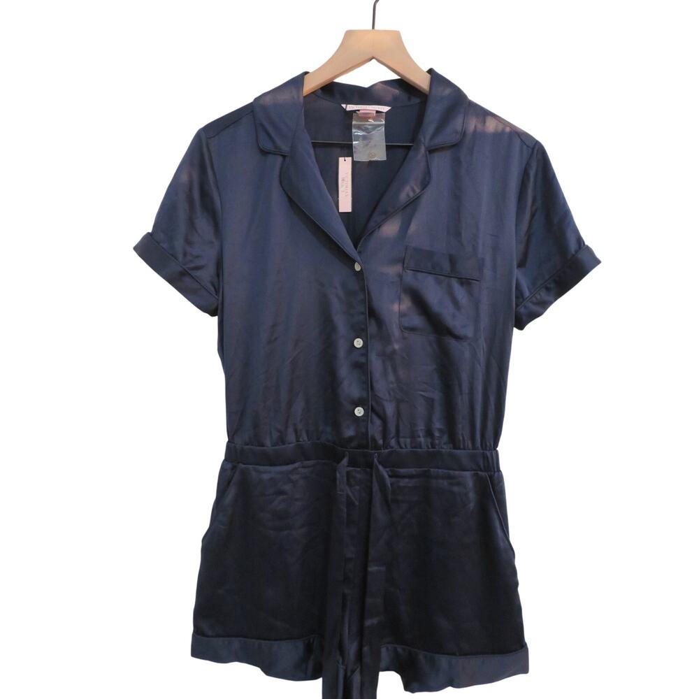 Victoria's Secret Women Sz M Navy Satin Button Front Romper Sleep Lounge Chic